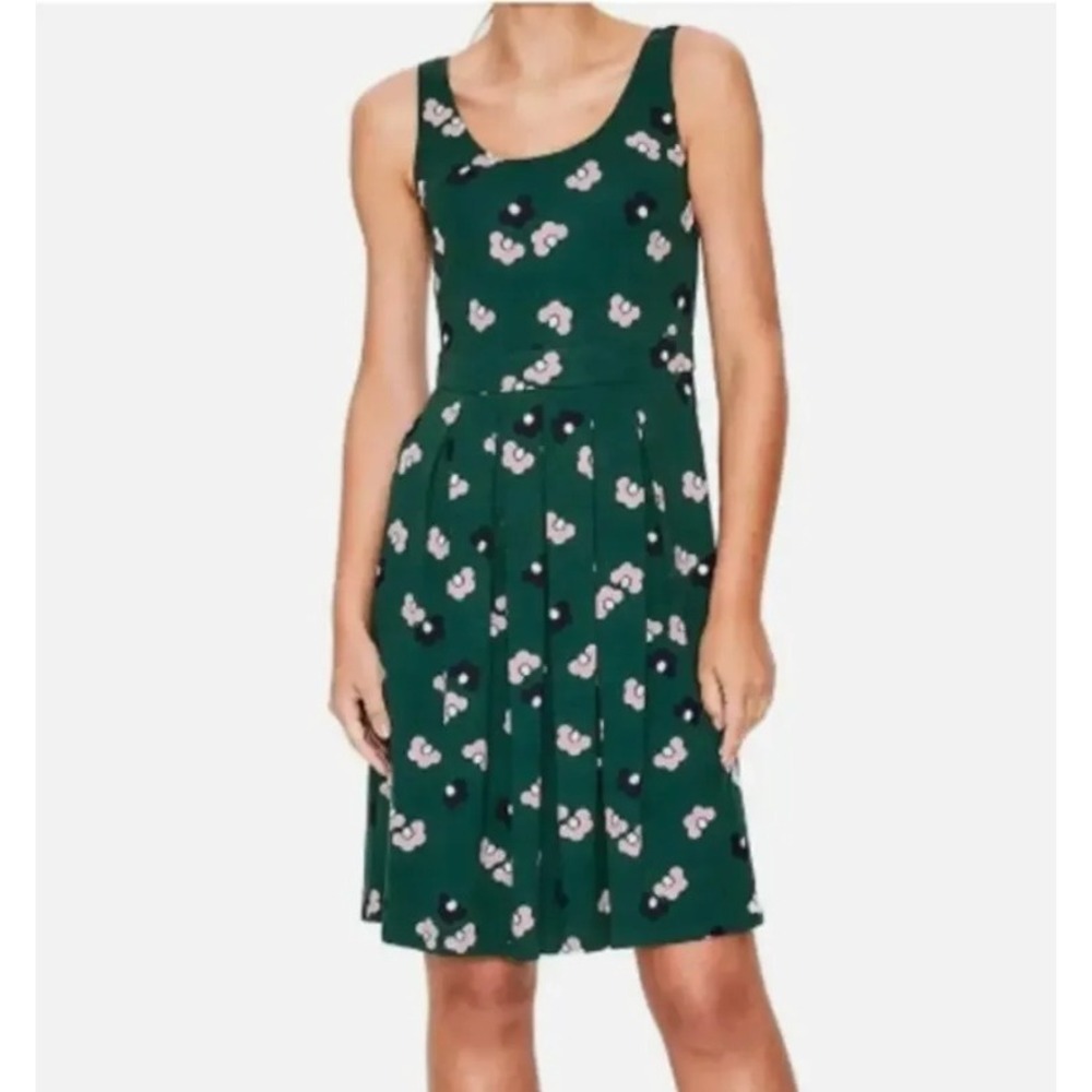 Boden NWT Floral Sleeveless Dress 8L Mod Retro Green Jersey Pleated Fit Flare